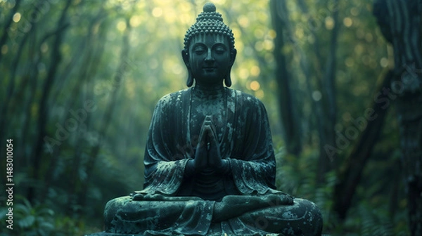 Fototapeta Weathered Buddha statue with prayer hands positioned in serene forest setting. Ancient green patina sculpture meditating amid blurred bamboo trees with soft bokeh lighting creating peaceful atmosphere