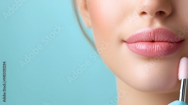 Obraz Close up photograph of a patient s lips with a cooling device applied after lip surgery to reduce swelling and aid in the recovery process