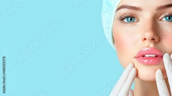 Obraz Close up photograph of a medical professional gently massaging a patient s chin post filler treatment to ensure even distribution and a clean background with copy space