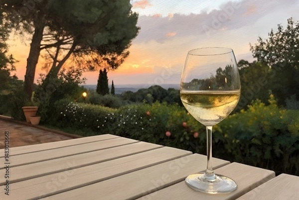 Obraz Chilled White Wine Glass Outdoors at Sunset on Wooden Table with Lush Background