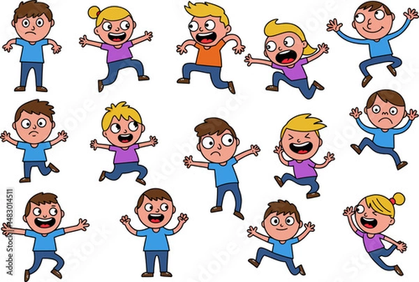 Fototapeta Cartoon Children Characters Diverse Poses and Expressions for Animation or Design