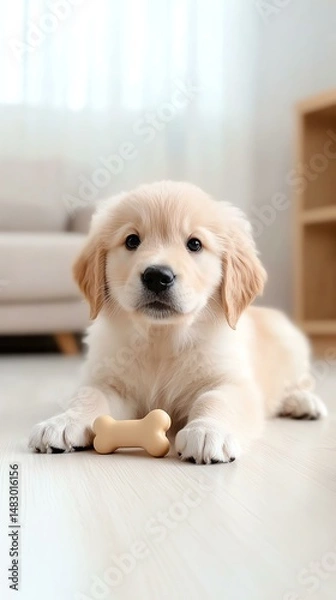 Fototapeta cute dogs with different poses A playful golden retriever puppy lying on the floor with a chew bone, radiating cuteness and innocence.