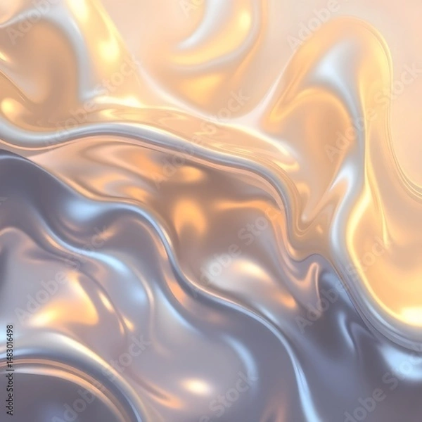 Fototapeta Dreamy abstract artwork, iridescent colors, warm golds and cool blues, ethereal fluid forms, interplay of light and shadow art illustration design