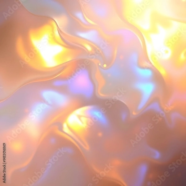 Fototapeta Dreamy abstract artwork, iridescent colors, warm golds and cool blues, ethereal fluid forms, interplay of light and shadow art illustration design