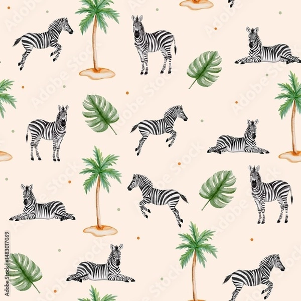 Fototapeta Tropical Animal and Plant Pattern Featuring Zebras and Leaves. Watercolor seamless pattern featuring zebras, palm trees, tropical leaves on a background.