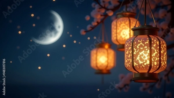 Fototapeta Glowing Eid Lanterns with Crescent Moon Background