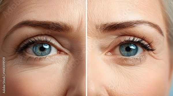 Obraz A close up photograph of a patient s eyes before and after an eyelid enhancement procedure showcasing a refreshed and balanced facial appearance with ample copy space for your message or branding