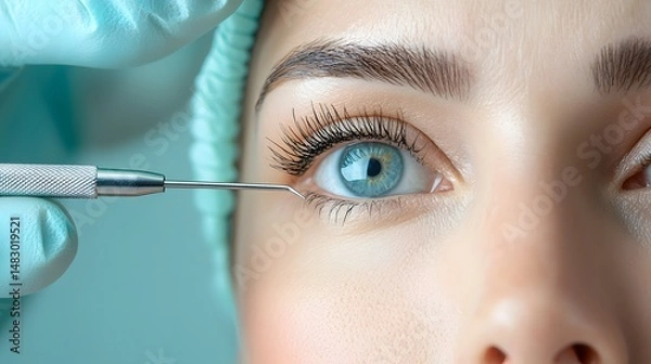 Fototapeta Close up Photograph of a Specialist Performing a Delicate Eyelid Rejuvenation Procedure Using Fine Surgical Tools Focusing on Precision and Symmetry and Leaving Ample Copy Space