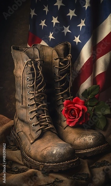Fototapeta Worn combat boots with a red rose sit against an American flag backdrop