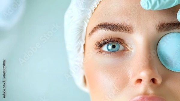 Obraz Close up Photograph of a Medical Professional Carefully Applying Cooling Pads to a Patient s Eyes After an Eyelid Refinement Treatment Ensuring a Soothing and Clean Medical Setting with Copy Space