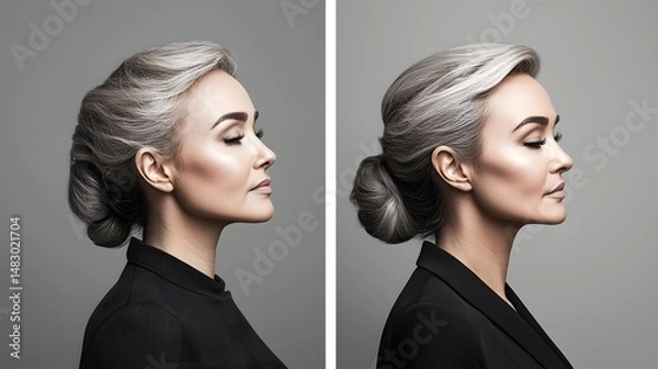 Obraz Close up Photograph Showcases the Incredible Transformation from a Facial Contouring Procedure Highlighting Refined Facial Features and a Radiant Youthful Appearance with Ample Copy Space