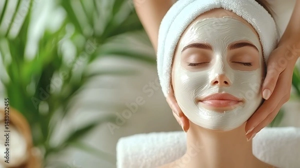 Obraz Close up photograph of a professional applying a soothing facial mask after a skin tightening procedure ensuring a relaxing and gentle ambiance with copy space for additional text or branding