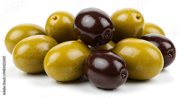 Fototapeta Pile of Green and Black Olives Displayed on a White Background with Oil Texture