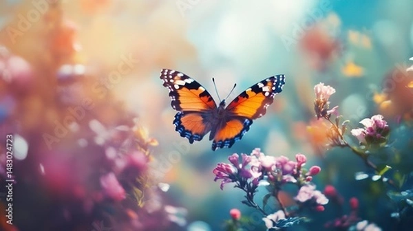 Fototapeta An artistic representation of a butterfly in flight, with a blurred background of a blooming garden, capturing the essence of freedom and beauty.