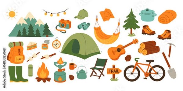Fototapeta A collection of camping and outdoor gear, including a tent, a backpack, a bicycle, a guitar, a compass, a cup, a knife, a spoon, a bowl, a bottle, a hat, a pair of shoes, and a pair