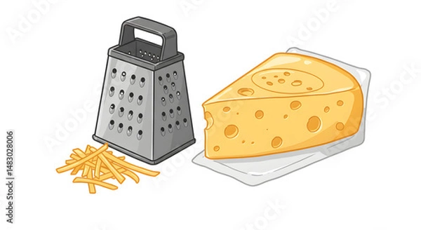 Fototapeta Pixel Art Cheese Grater With Shredded Cheese And Cheese Block On White Background