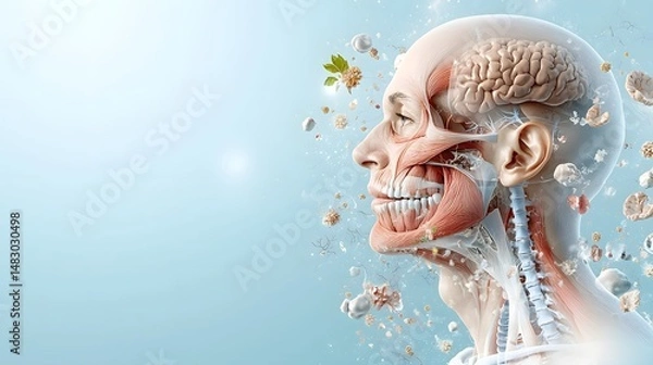 Obraz Detailed 3D rendered anatomical of the facial structure highlighting key areas and layers for potential cosmetic enhancements and treatments  Clear copy space available