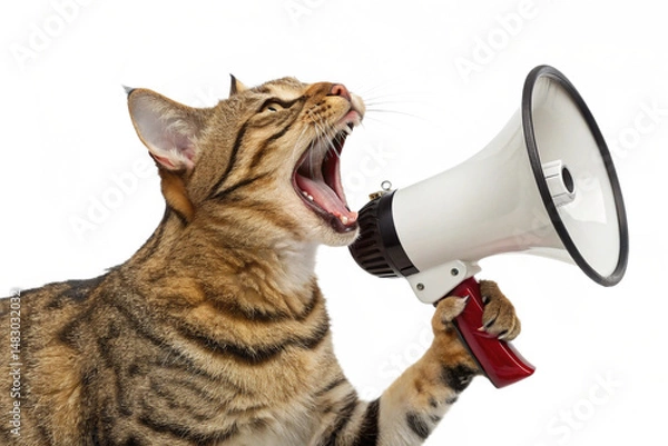 Obraz Tabby cat screaming into megaphone, announcement, bullhorn, pet, isolated on white background - generated by ai