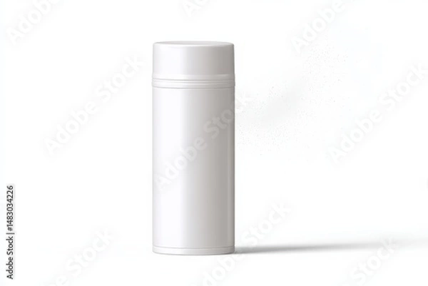 Fototapeta White cylindrical container with a fine mist spraying from it against a white background.  Clean and minimalist product display.