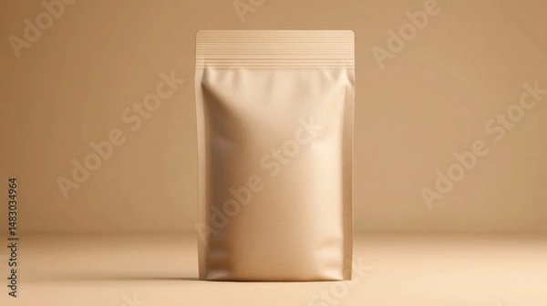 Obraz Minimalist beige kraft paper pouch standing upright on neutral background with soft lighting for packaging design or product display purposes