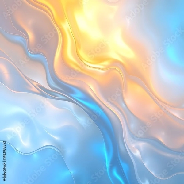 Fototapeta Dreamy abstract artwork, iridescent colors, warm golds and cool blues, ethereal fluid forms, interplay of light and shadow art illustration design