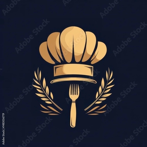 Fototapeta Culinary badge featuring a chef hat and fork surrounded by wheat sheaves, symbolizing excellence in cooking
