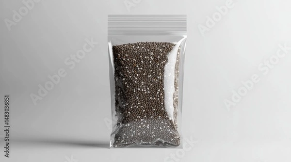 Obraz Clear resealable plastic bag filled with black and white static cling confetti or beads isolated on plain gray background for craft or decoration purposes