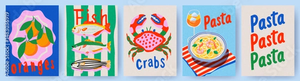 Obraz Сollection of cute summer Mediterranean posters, cards templates with oranges, seafood, fish, crab, shrimp pasta, cocktail and typography design. Trendy summer design for branding, ads, print, decor