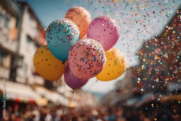 Fototapeta A lively celebration scene, featuring a multicolored bouquet of balloons floating above an urban crowd - AI-Generated