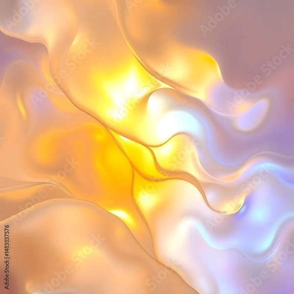 Fototapeta Dreamy abstract artwork, iridescent colors, warm golds and cool blues, ethereal fluid forms, interplay of light and shadow art illustration design
