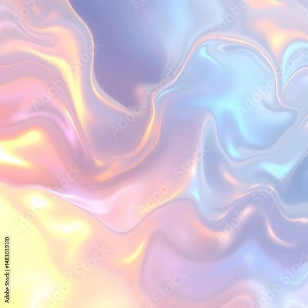 Fototapeta Dreamy abstract artwork, iridescent colors, warm golds and cool blues, ethereal fluid forms, interplay of light and shadow art illustration design