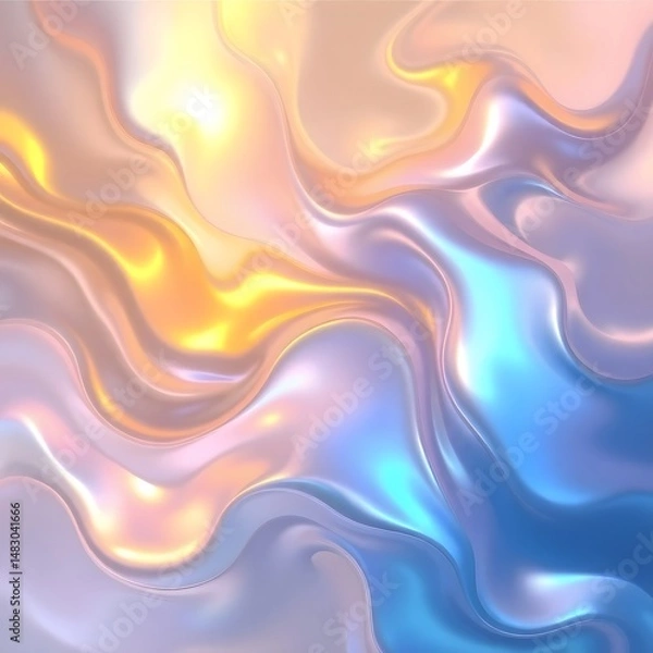 Fototapeta Dreamy abstract artwork, iridescent colors, warm golds and cool blues, ethereal fluid forms, interplay of light and shadow art illustration design