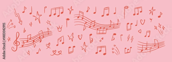 Fototapeta Romantic pink pastel music background. Hand drawn doodle notes and love music song tune. Wedding, bachelorette party, Valentines day, girly birthday coquette sketch design. Whimsical drawing