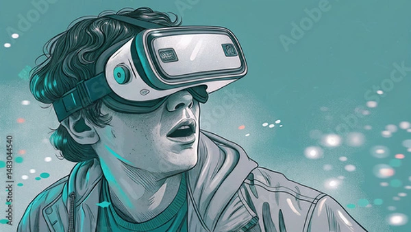 Fototapeta Young man wearing virtual reality headset looks amazed and captivated by immersive experience. His wide eyes reflect sense of wonder as he explores digital world