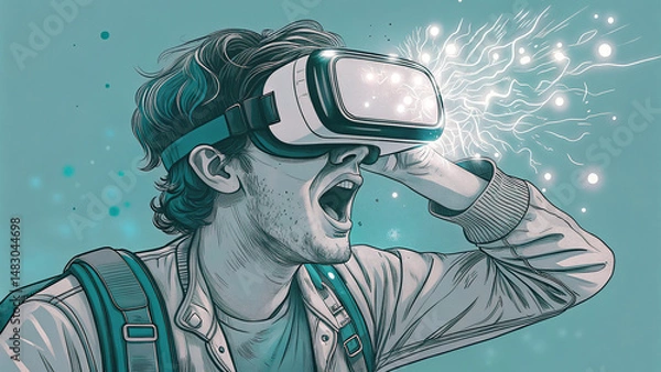 Fototapeta Young man using virtual reality headset is expressing amazement and excitement, surrounded by dynamic visual effects. scene captures thrill of immersive technology and gaming experiences