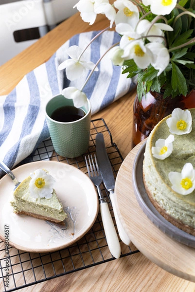 Obraz beautiful, appetizing mint cheesecake decorated with flowers