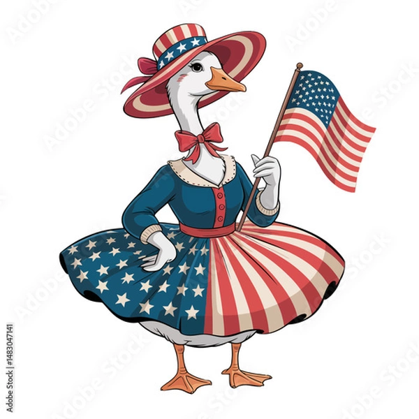Fototapeta A goose dressed in patriotic attire holds an American flag, showcasing a dress and hat adorned with stars and stripes.