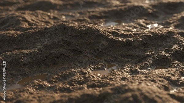 Fototapeta Close Up View of Wet Mud Texture Showing Detailed Surface and Brownish Color with Water Puddles