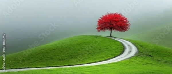 Fototapeta A vibrant red tree sits atop a green hill, a winding path leading up to it in misty weather