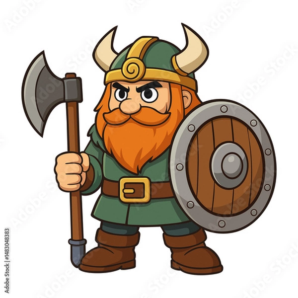 Fototapeta Cartoon Viking Warrior with Axe and Shield – Character Illustration Isolated on Transparent Background