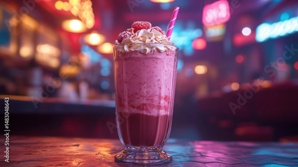 Obraz Raspberry Milkshake with Whipped Cream in Glass at Diner