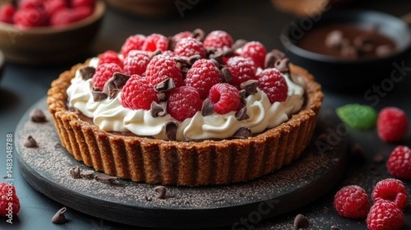 Obraz Raspberry Tart with Chocolate and Cream Filling
