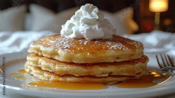 Obraz Stack of Pancakes with Whipped Cream and Syrup on Plate