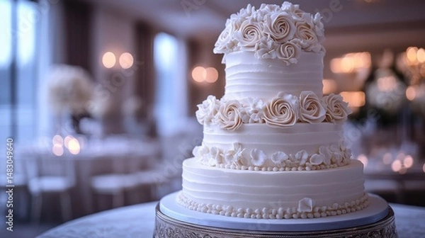 Obraz Three-Tiered Wedding Cake with White Roses