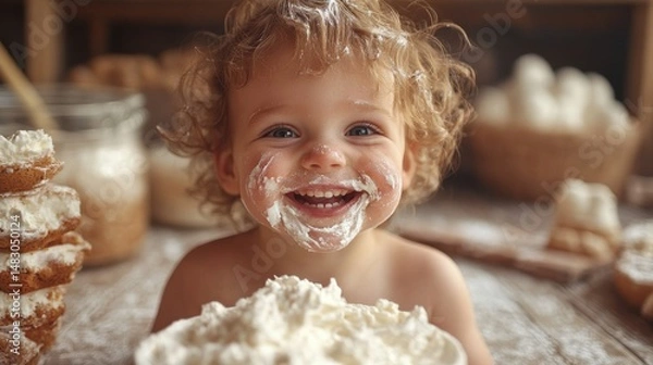 Obraz Toddler with Cream on Face Holding Bowl of Cream