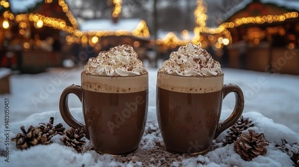 Obraz Two Cocoa Mugs with Whipped Cream in Snowy Setting