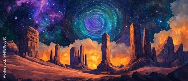 Obraz A painting of a desert landscape with a large spiral in the sky