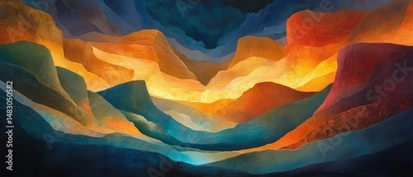 Obraz A painting of mountains with a blue sky in the background