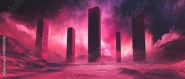 Obraz A pink and purple sky with a bunch of tall buildings
