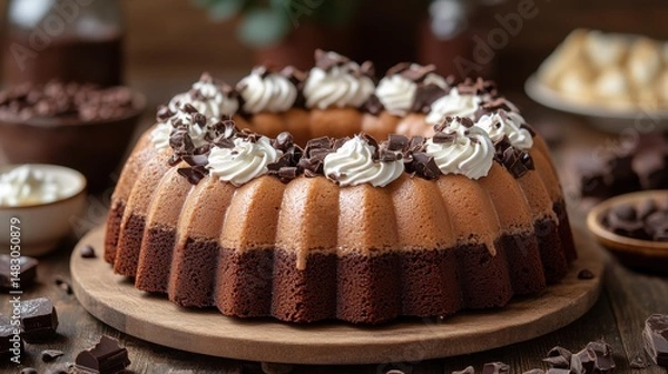 Obraz Two-Tone Chocolate Bundt Cake with Whipped Cream and Chocolate Shavings